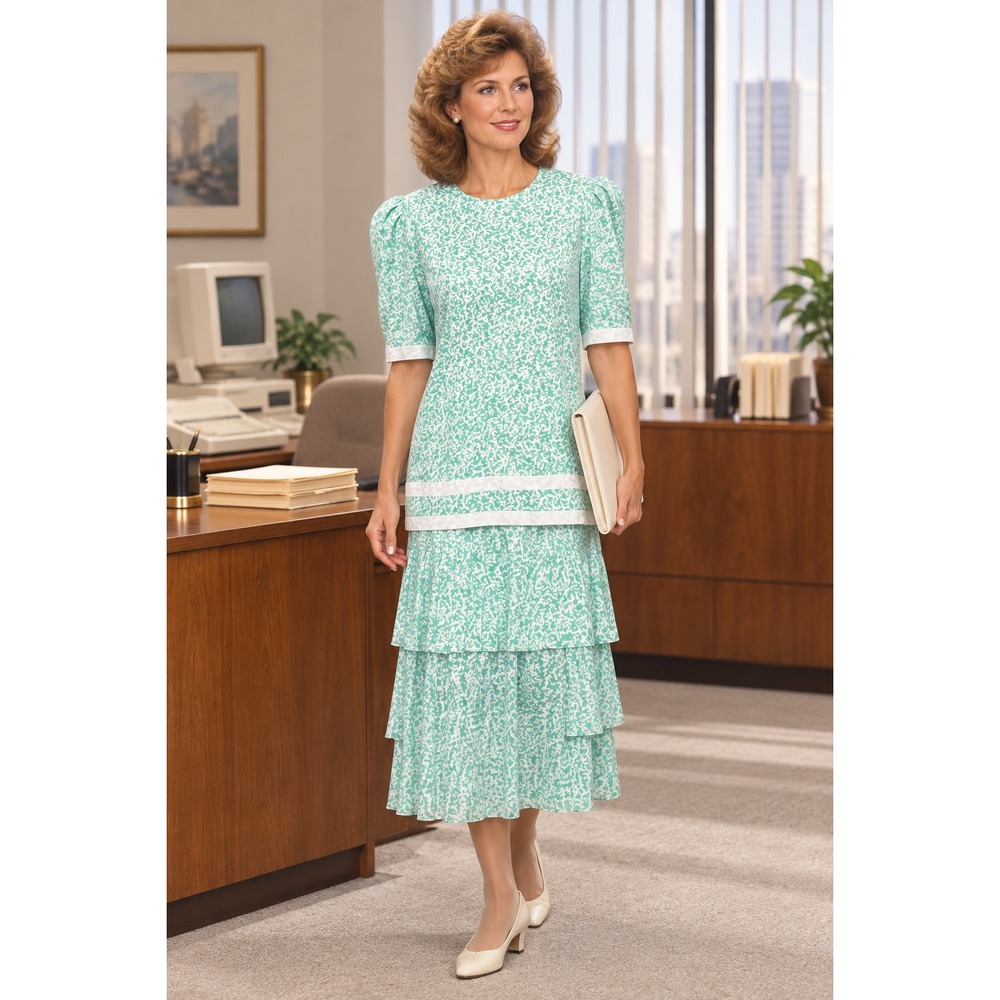 Maggy Boutique Vintage 80s Mint Green Pleated Tiered Skirt Set Size 12